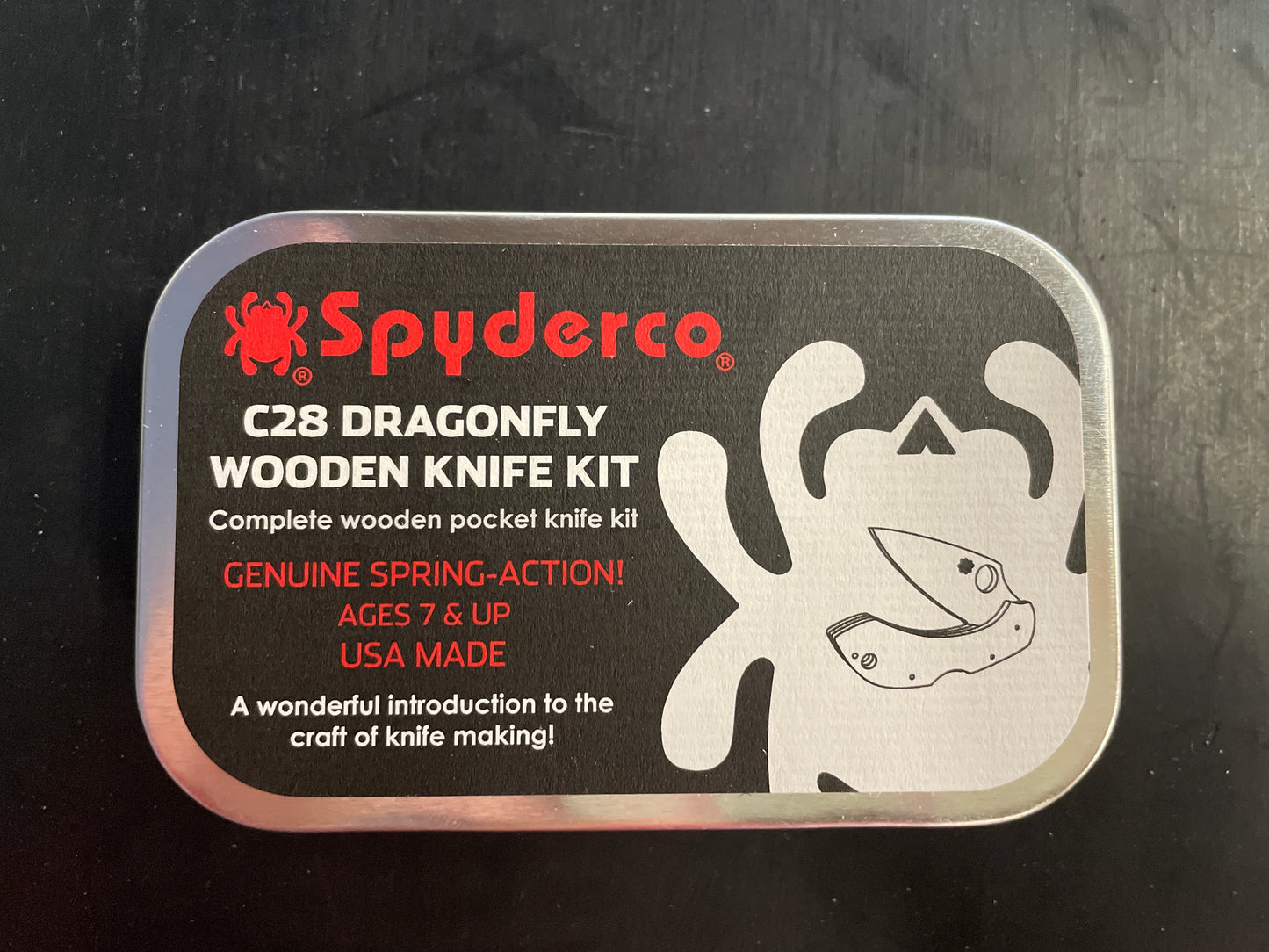 Spyderco C28 Dragonfly wooden knife kit packaging on a black background