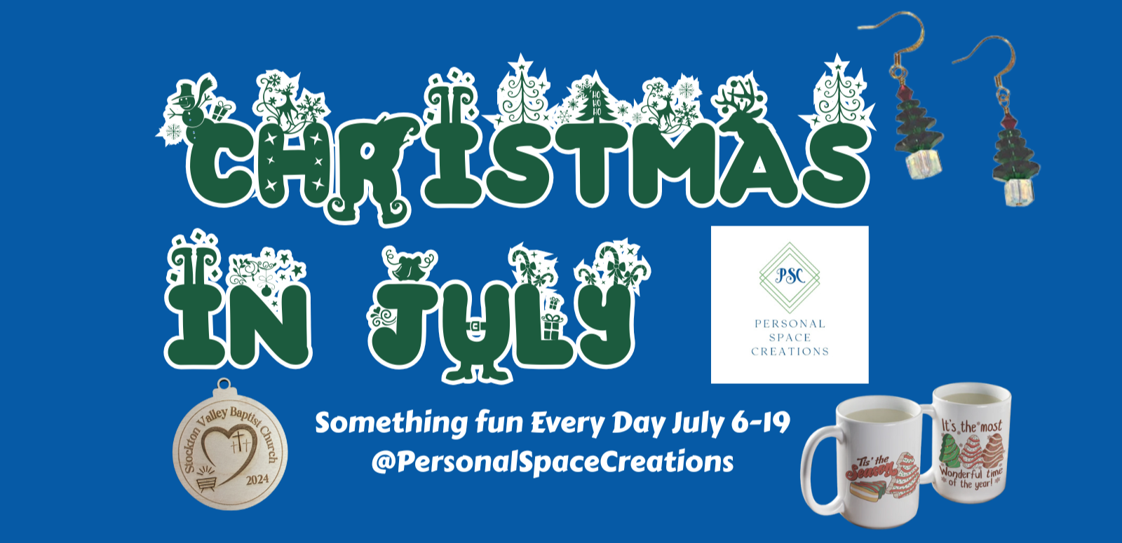 Promotional graphic for 'Christmas in July' event with decorative elements and mugs on a blue background.