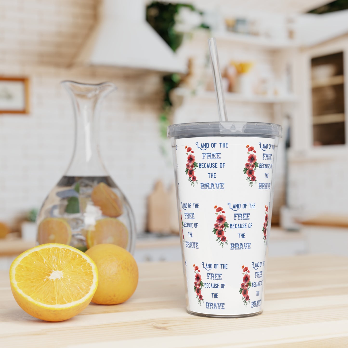 Land of the Free Because of the Brave - Plastic Tumbler with Straw
