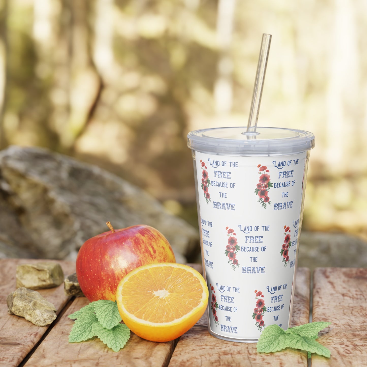 Land of the Free Because of the Brave - Plastic Tumbler with Straw