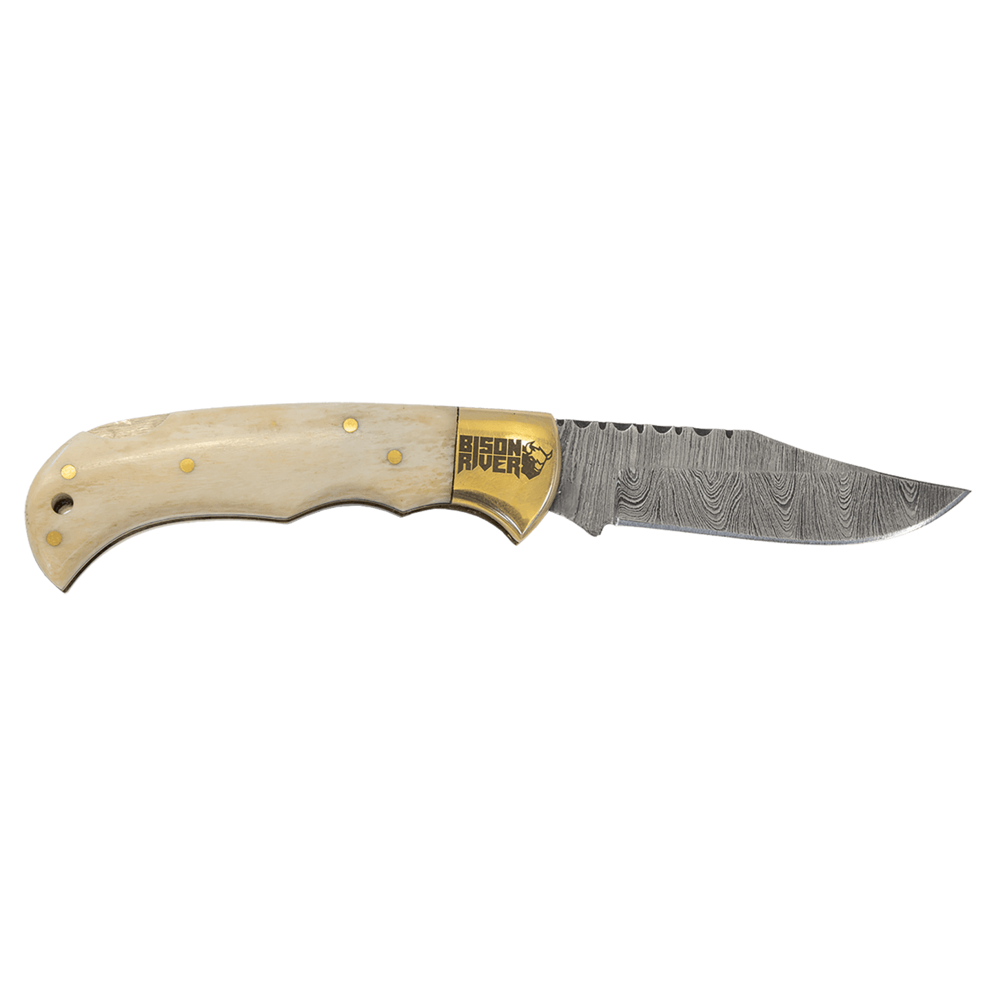 Bison River 3 3/4" Bone Folding Knife with Damascus Steel Blade and Leather Sheath