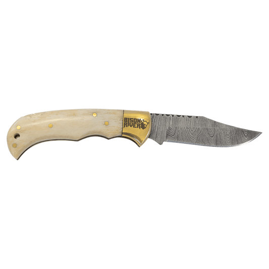 Bison River 3 3/4" Bone Folding Knife with Damascus Steel Blade and Leather Sheath