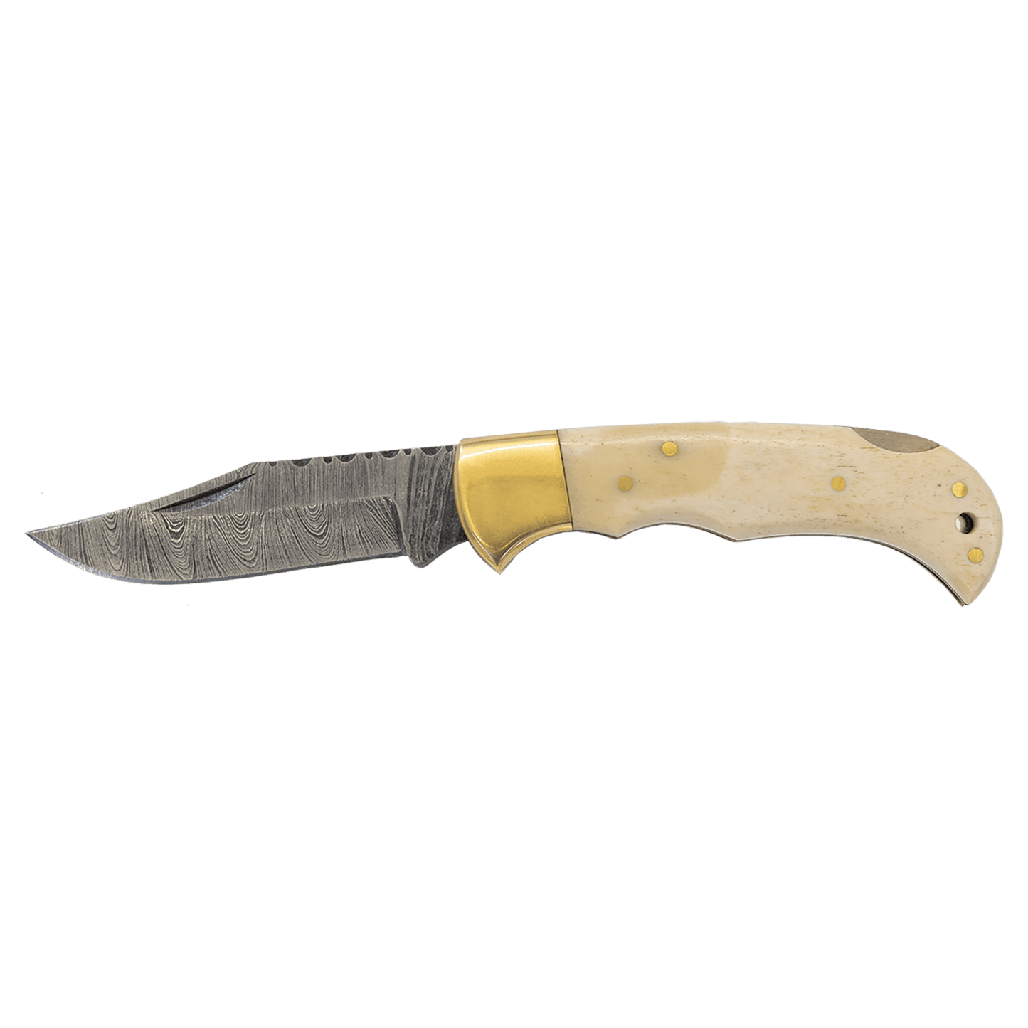 Bison River 3 3/4" Bone Folding Knife with Damascus Steel Blade and Leather Sheath