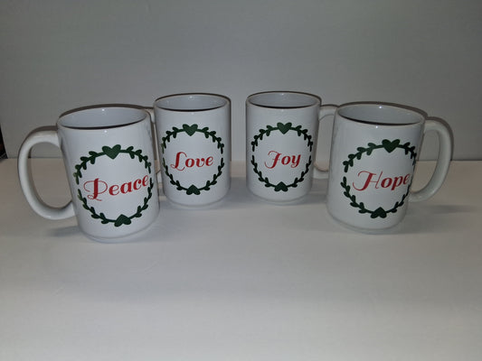 Peace, Love, Joy & Hope Christmas Mug Set – 15oz Ceramic (Set of 4)