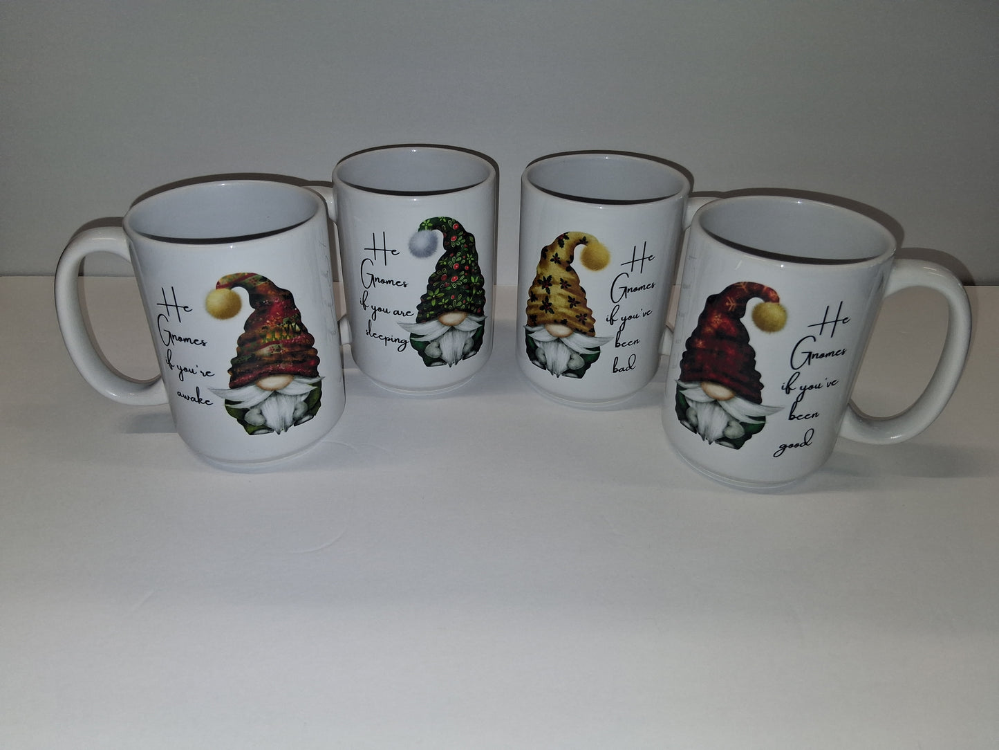 “He Gnomes” Christmas Mug Set – 15oz Ceramic (Set of 4)