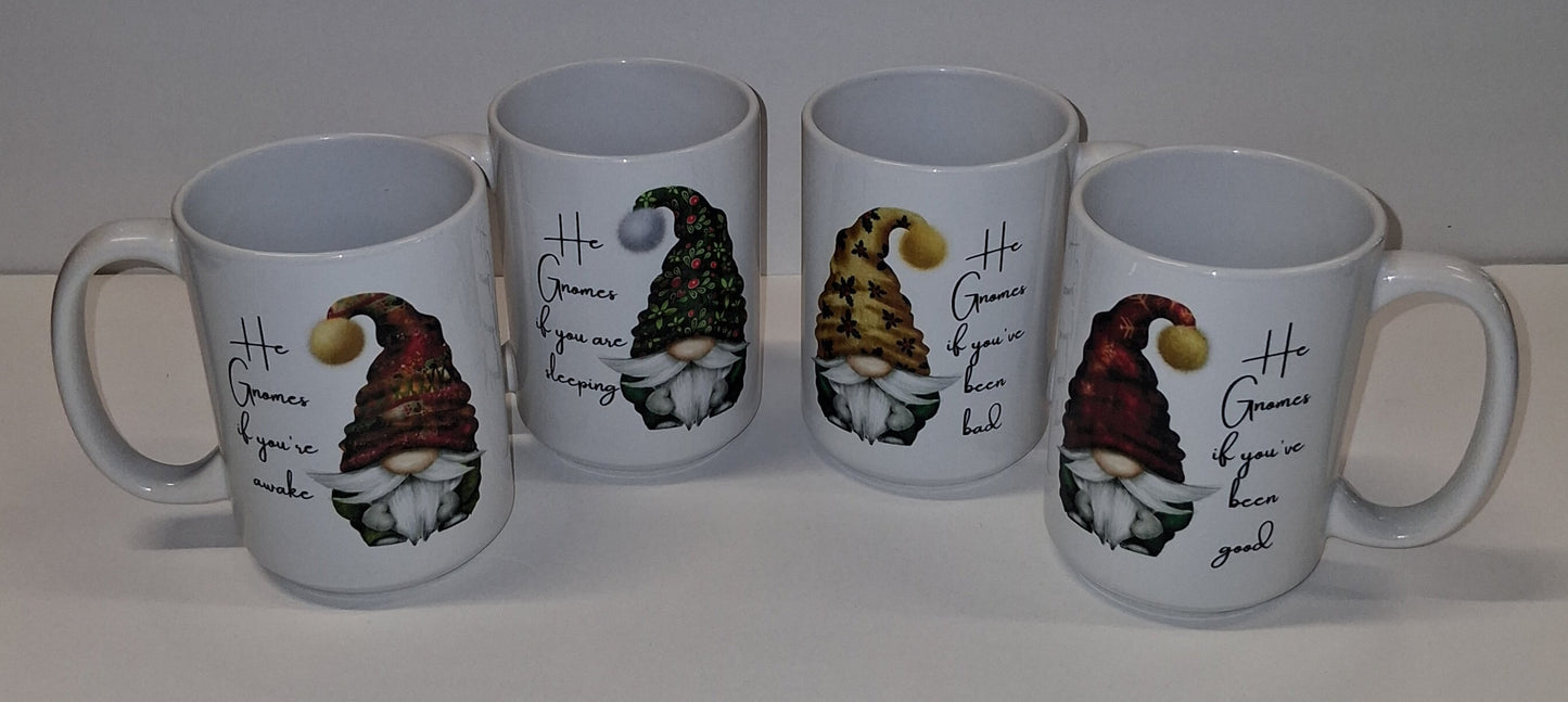 “He Gnomes” Christmas Mug Set – 15oz Ceramic (Set of 4)