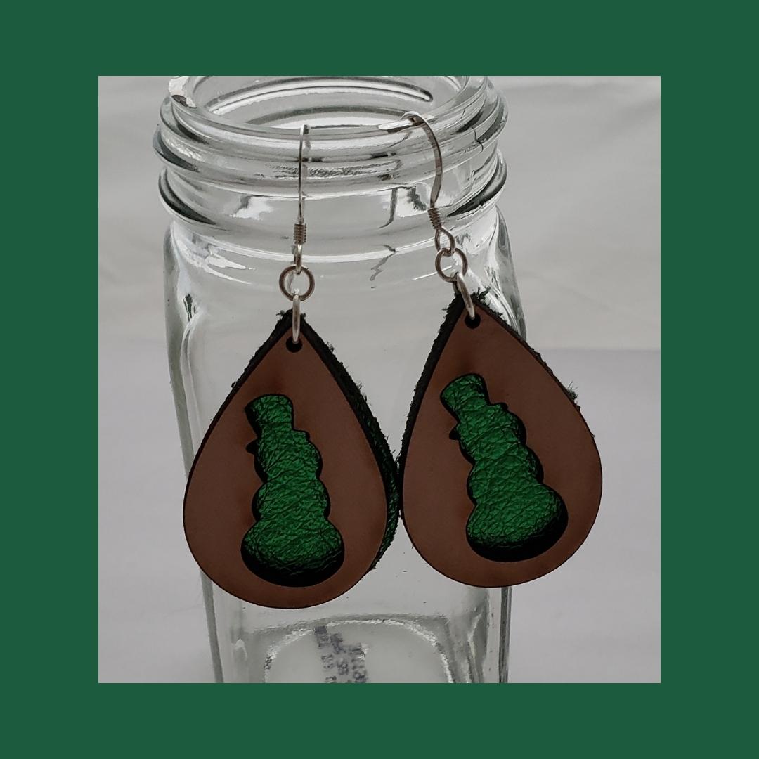 Green Leather Peekaboo Snowman Earrings