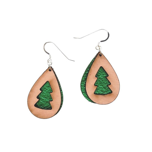 Green Leather Christmas Peek A Boo Tree Holiday Earrings