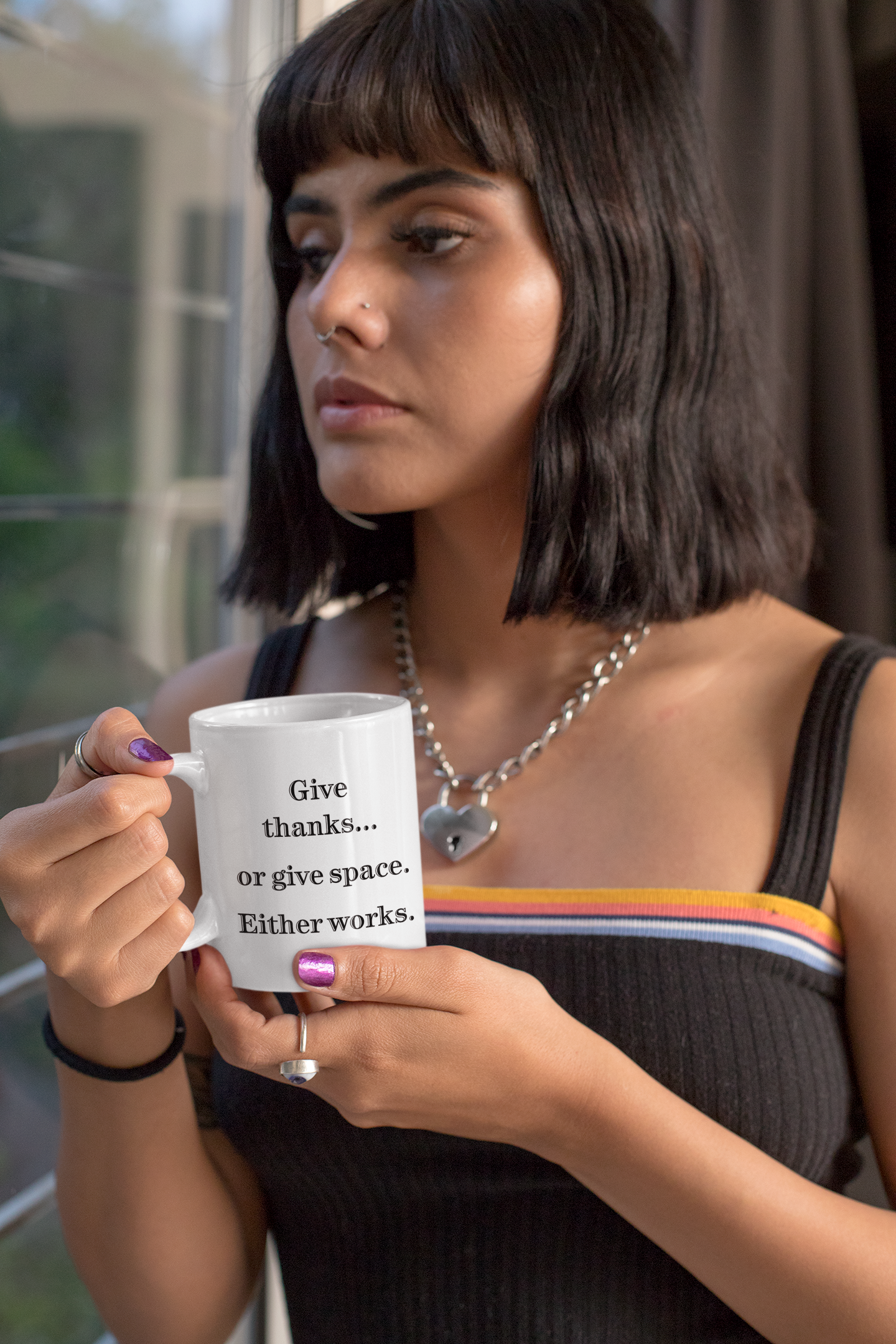 Snarky Coffee Mug – “Give Thanks… or Give Space. Either Works.” Funny 11 oz Ceramic Mug