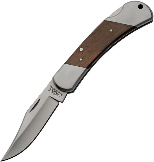 Rite Edge 5" Lockback Brown Wood w Leather Sheath