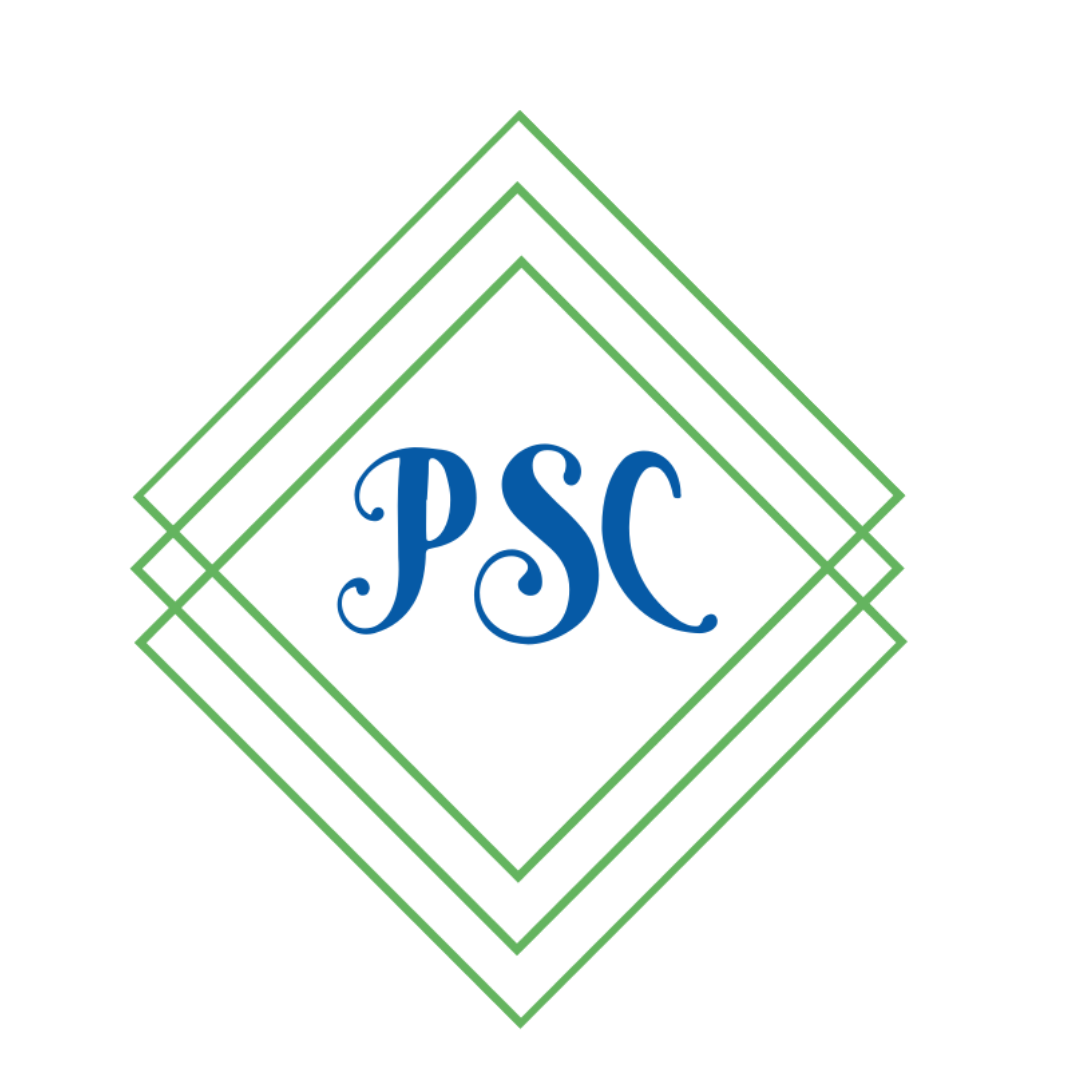Three green laser-cut square outlines on their point like a diamond. This is your personal space. "PSC" in the open middle in blue.