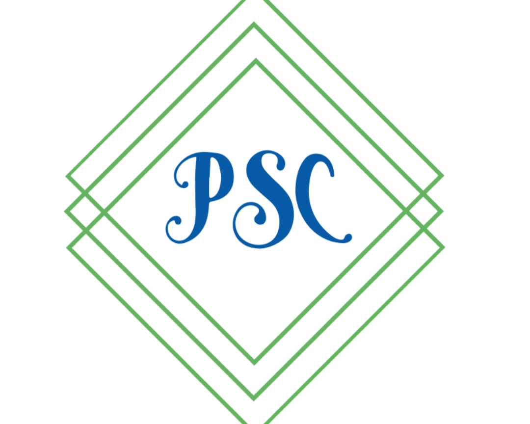 Three green laser-cut square outlines on their point like a diamond. This is your personal space. "PSC" in the open middle in blue.