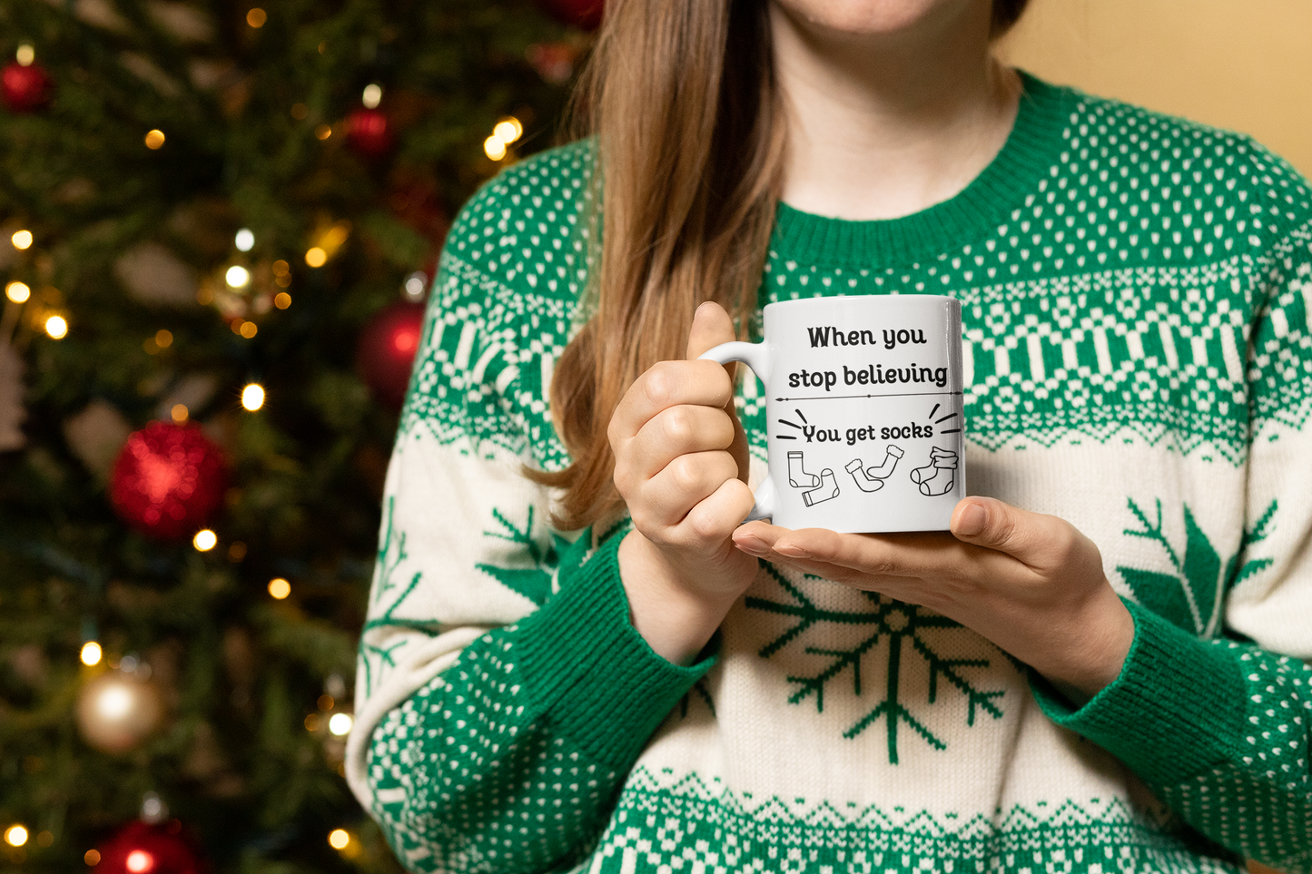 “When You Stop Believing, You Get Socks” – 11 oz Holiday Humor Mug