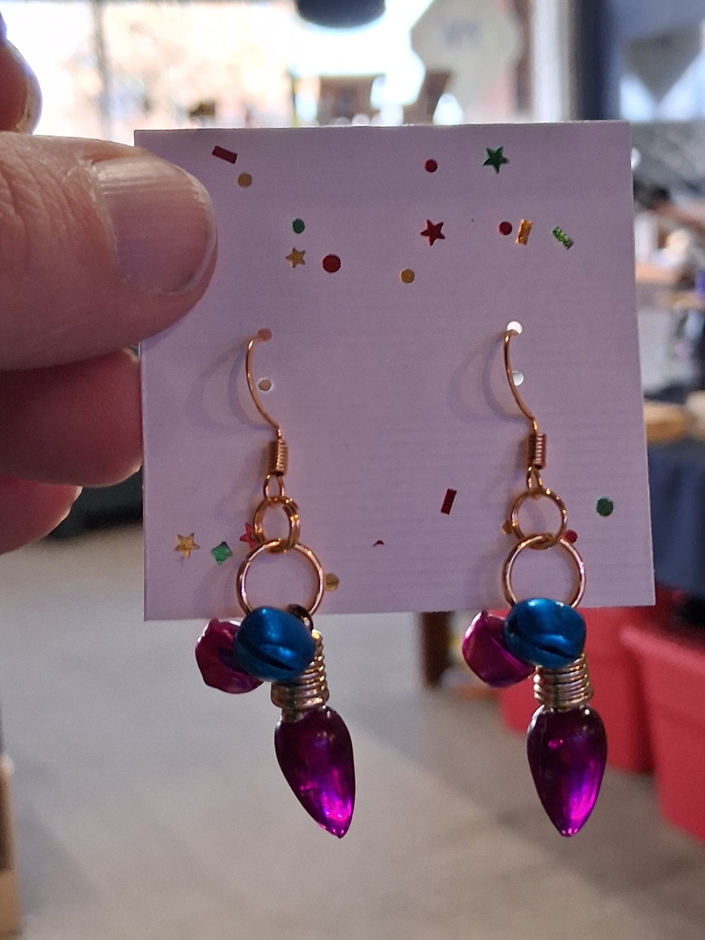 Christmas Lights & Jingle Bells - gold plated, nickel free, pink & blue bells, purple light