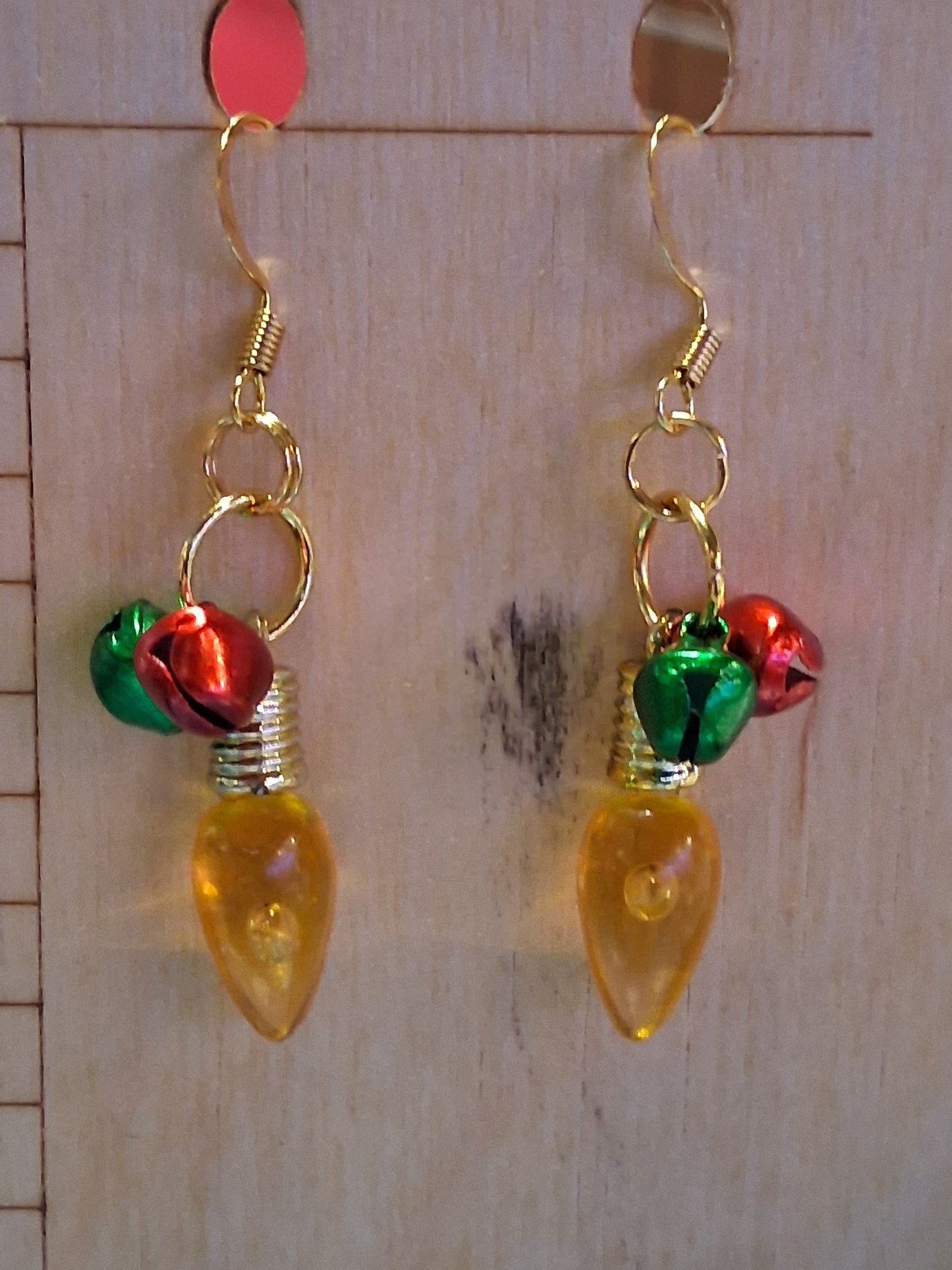 Christmas Lights & Jingle Bells - gold plated, nickel free, red& green bells, yellow light