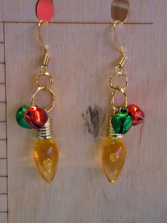 Christmas Lights & Jingle Bells - gold plated, nickel free, red& green bells, yellow light