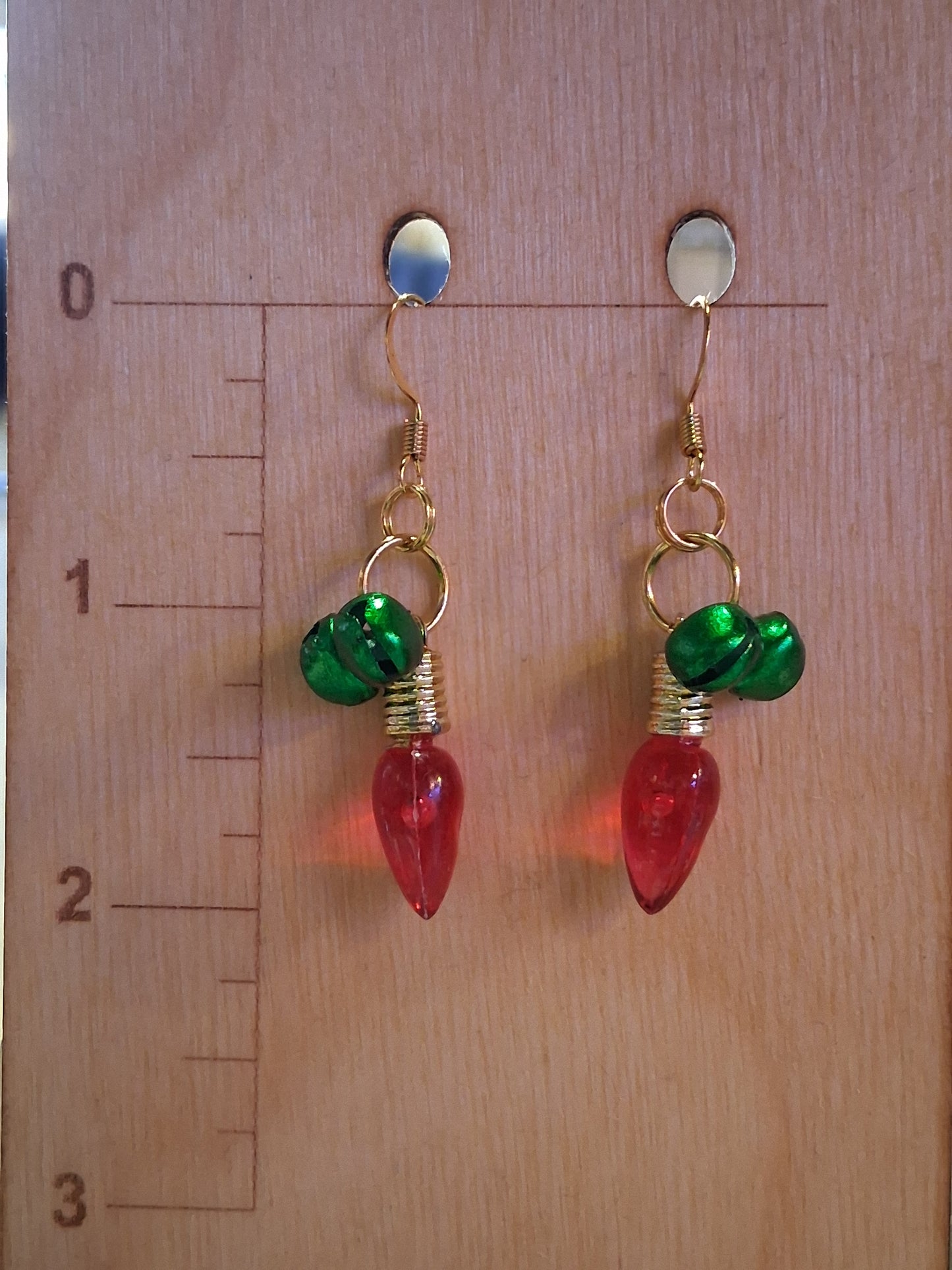 Christmas Lights & Jingle Bells - gold plated, nickel free, green bells, red lights