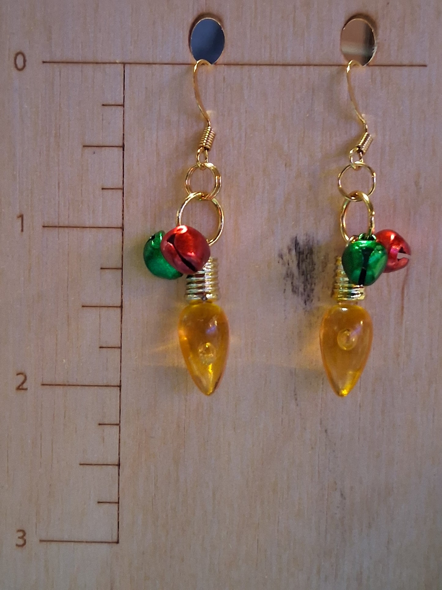 Christmas Lights & Jingle Bells - gold plated, nickel free, red& green bells, yellow light