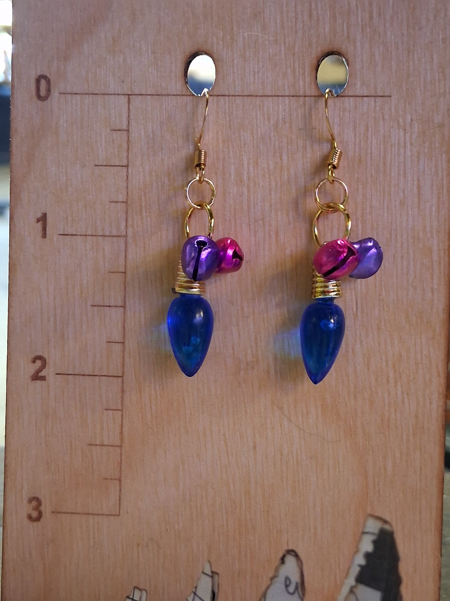 Christmas Lights & Jingle Bells - gold plated, nickel free, pink & purple bells, blue light