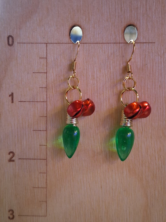 Christmas Lights & Jingle Bells - gold plated, nickel free, red bells, green light