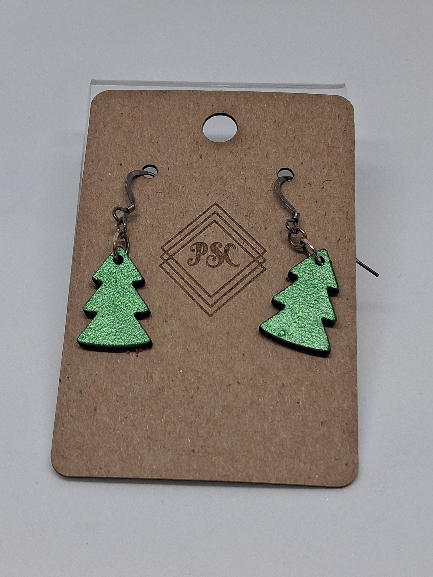 Small Green Leather Christmas Tree Earrings