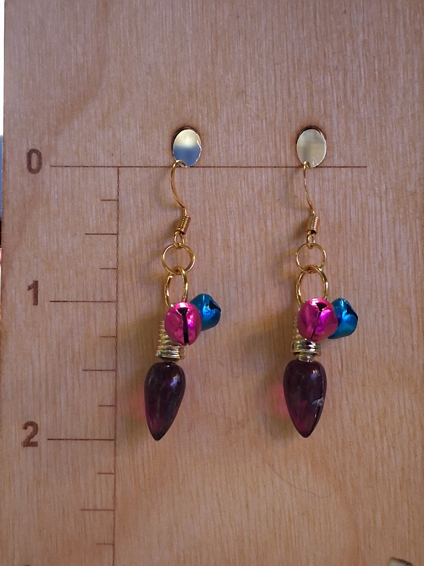 Christmas Lights & Jingle Bells - gold plated, nickel free, pink & blue bells, purple light