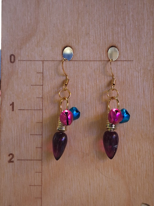 Christmas Lights & Jingle Bells - gold plated, nickel free, pink & blue bells, purple light