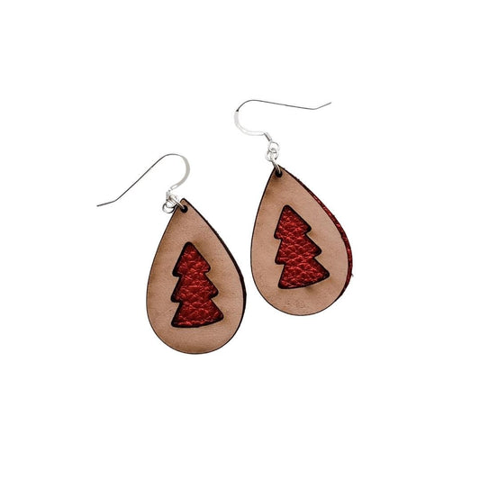 Red Leather Christmas Tree Peekaboo Earrings